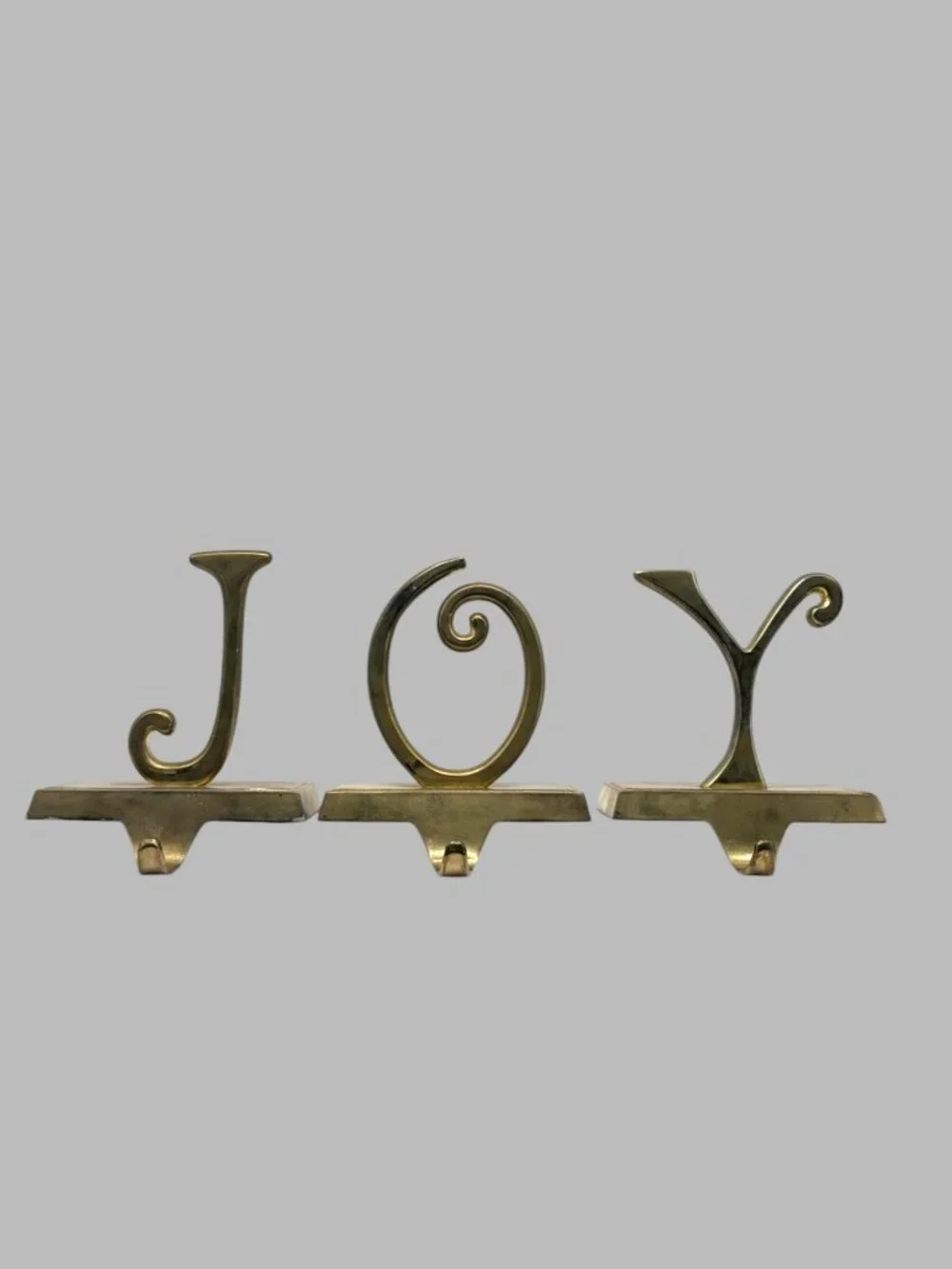 Vintage Brass JOY Stocking Holders Set of 3 Christmas Mantel Decor Holiday Hooks